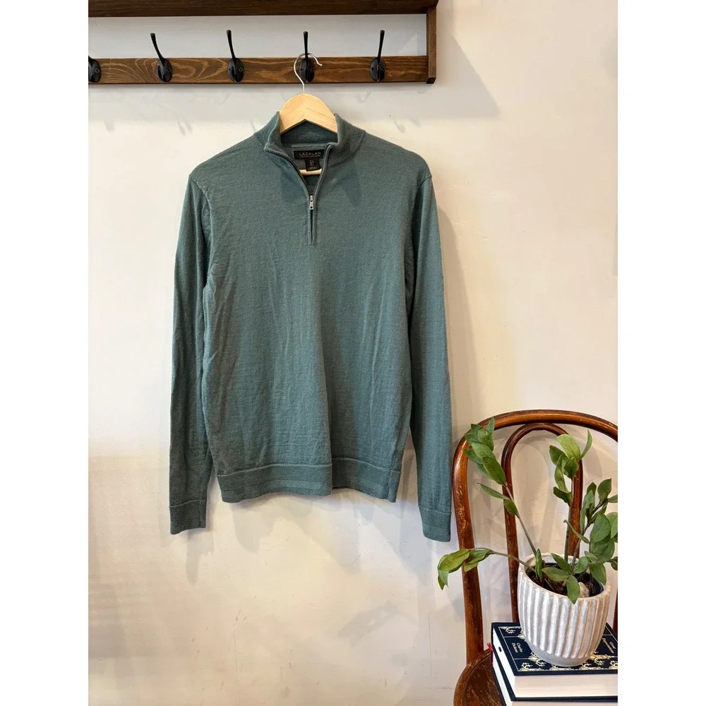 Lachlan British Inspired Sage Green 100% Merino Wool Quarter Zip Sweater L